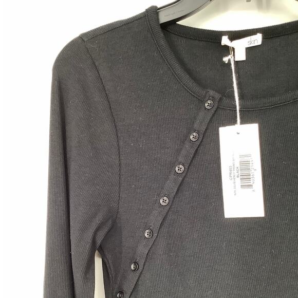 Skin Women's 3 Black Nan Asymmetrical Henley Thong Bodysuit Long Sleeve A12-4 - Picture 6 of 8